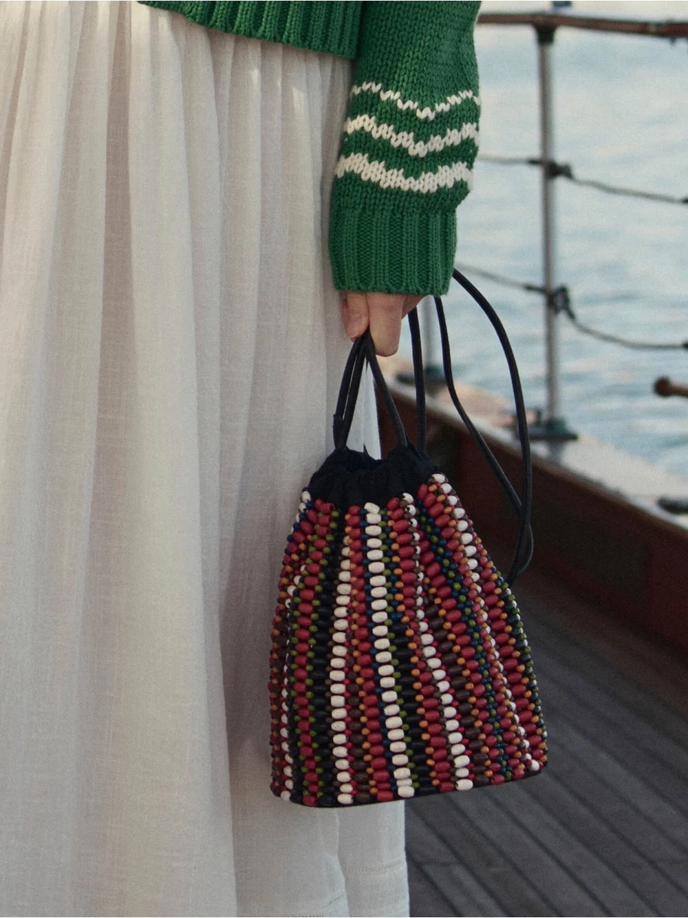 THE GREAT. Beaded Crossbody Bag in Black, White, Red, Green, Yellow, Purple